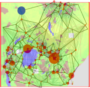 This image, generated by the RiftLand model, depicts the city network with internally displaced people and refugees on top of the map of the study area, a 1,000-mile square around Lake Victoria. This image, generated by the RiftLand model, depicts the city network with internally displaced people and refugees overlying the map of the study area, a 1,000-mile square around Lake Victoria. 
